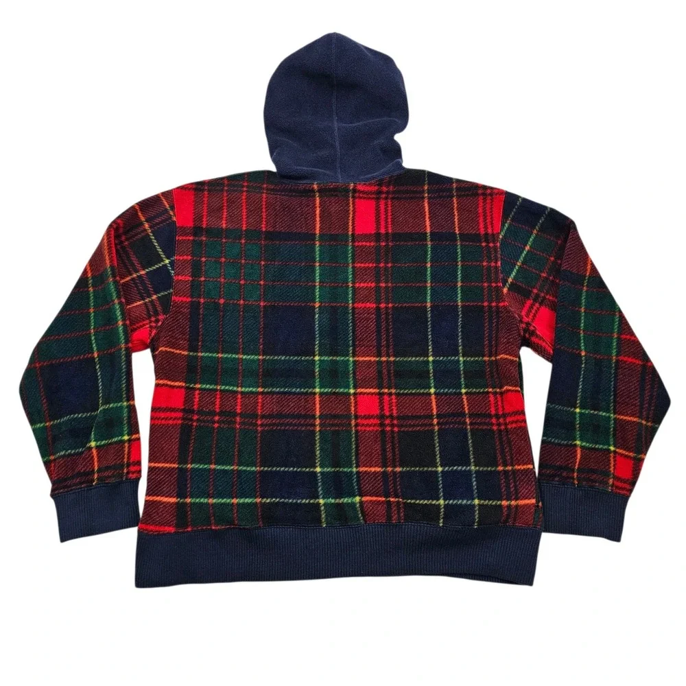 Polo Ralph Lauren Fleece Hoodie Mens XL Red Navy Plaid Side Zip Vintage 90s USA